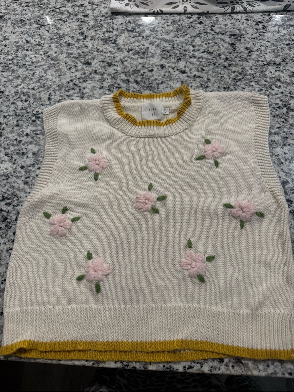 Luna Ivy Kids Cream Knit Floral Sweater Vest with Pink Embroidery